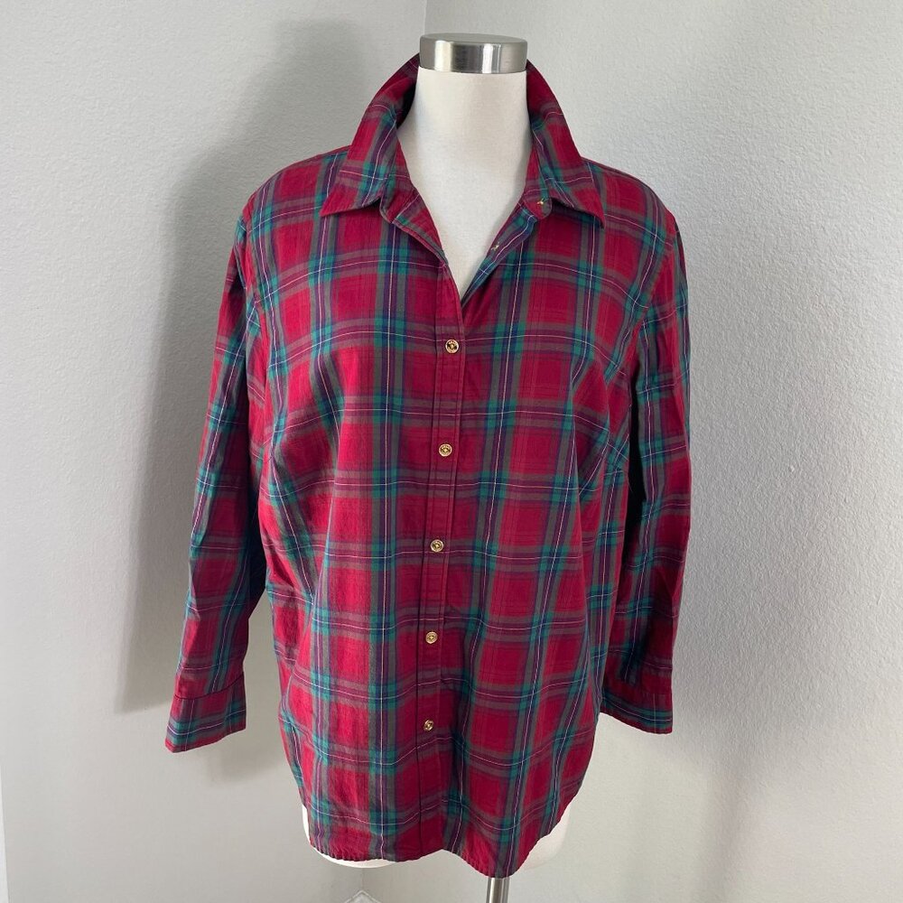 Chaps Classics Womens Plaid Cotton Shirt 2X‎ Red & Green Long Sleeve Button-Up